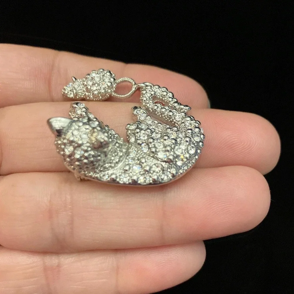 VTG Cat & Mouse Brooch Silver Tone Clear Pave Rhinestone Crystal Pin Green Eyes